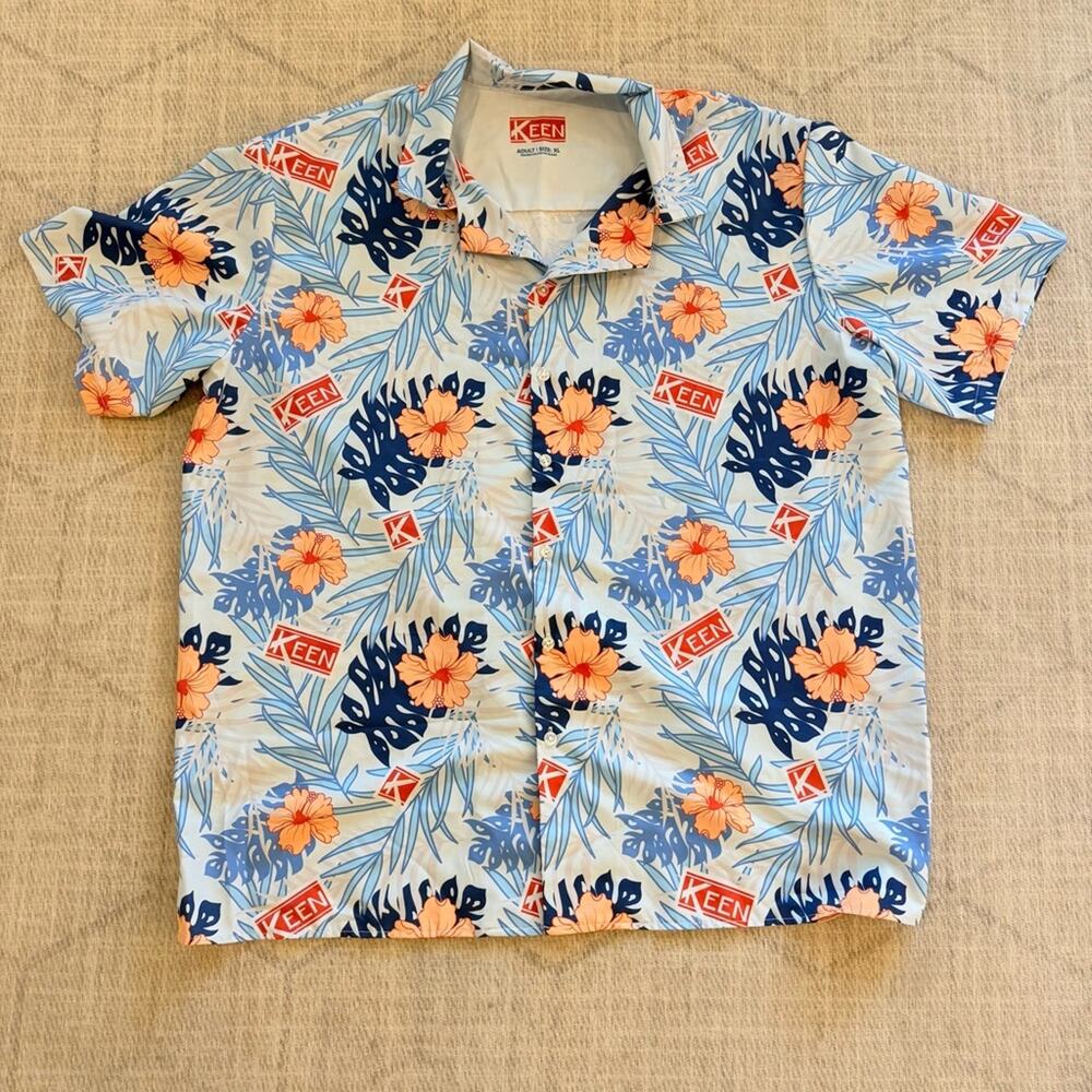 Company Branded Tropical Button Up Blue and Orange Shirt XL